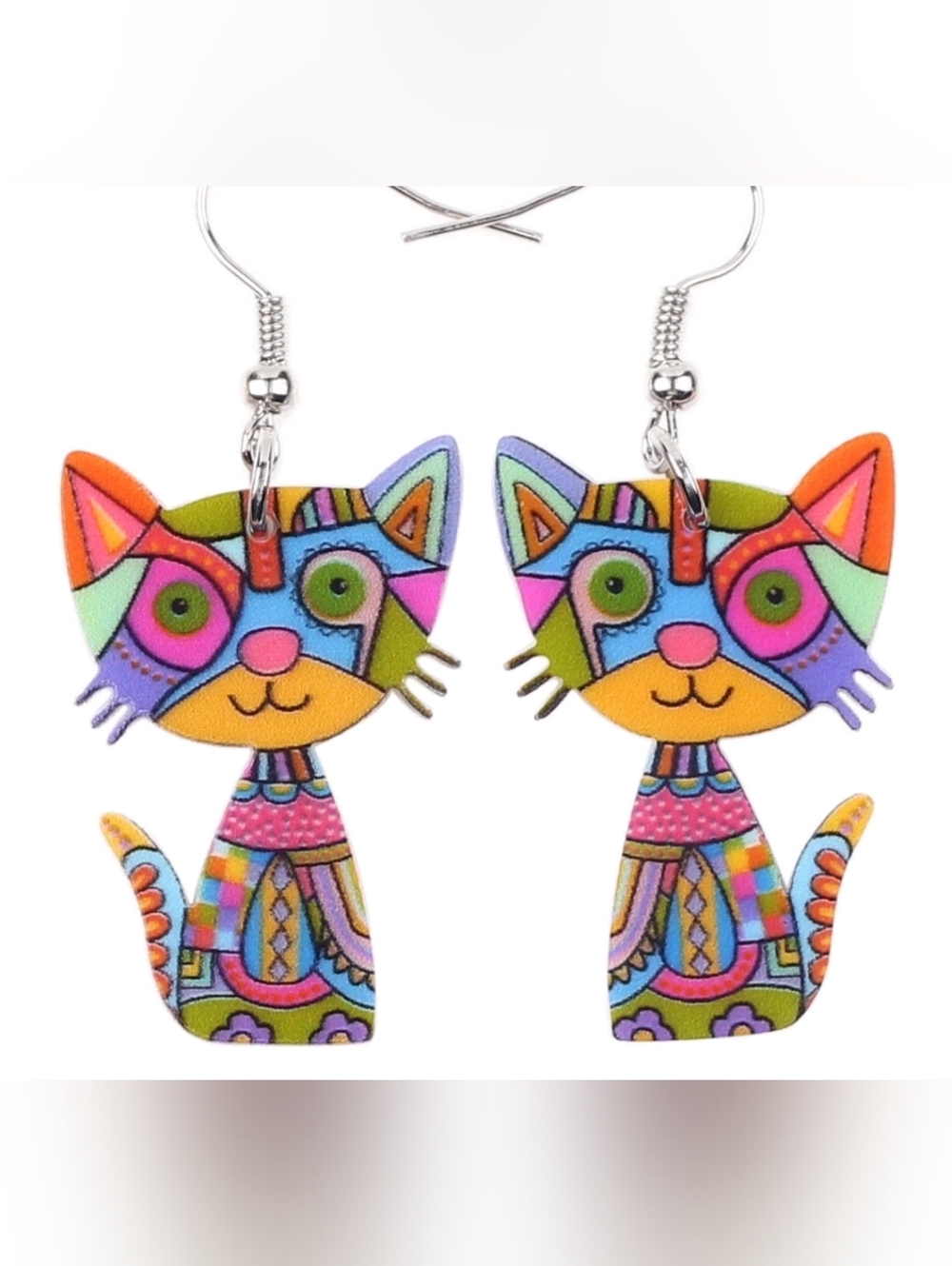 Whimsical Multicolor Cat Dangle Earrings - Picture 4 of 7